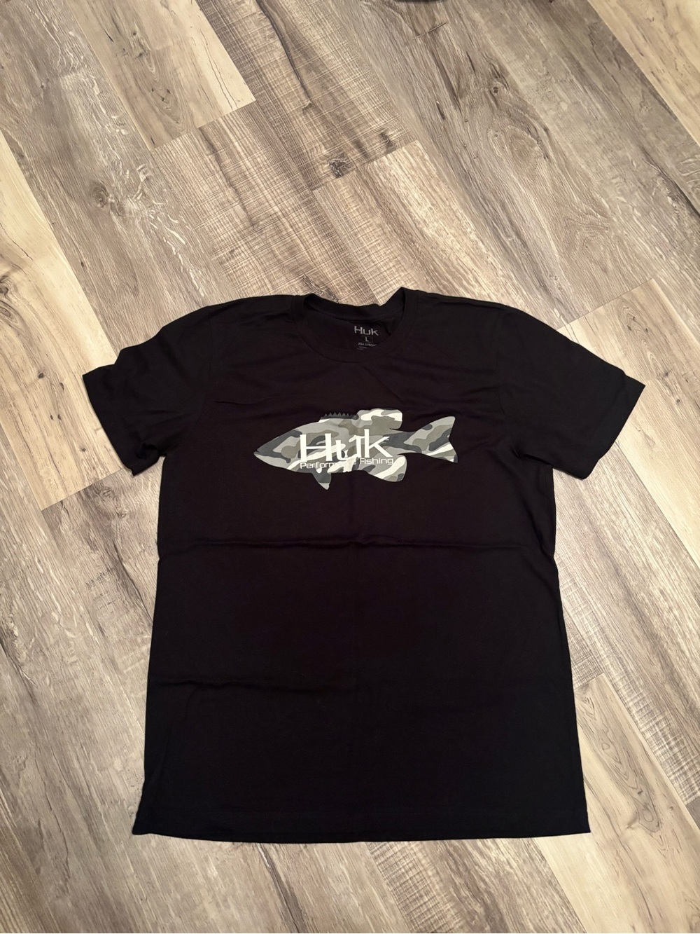 Huk Black T-Shirt with Gray Camo Fish Logo